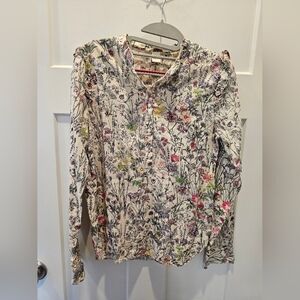 H&M Floral Cotton Blouse 4 Button Front Ruffle Shoulder Long Sleeve Boho Top